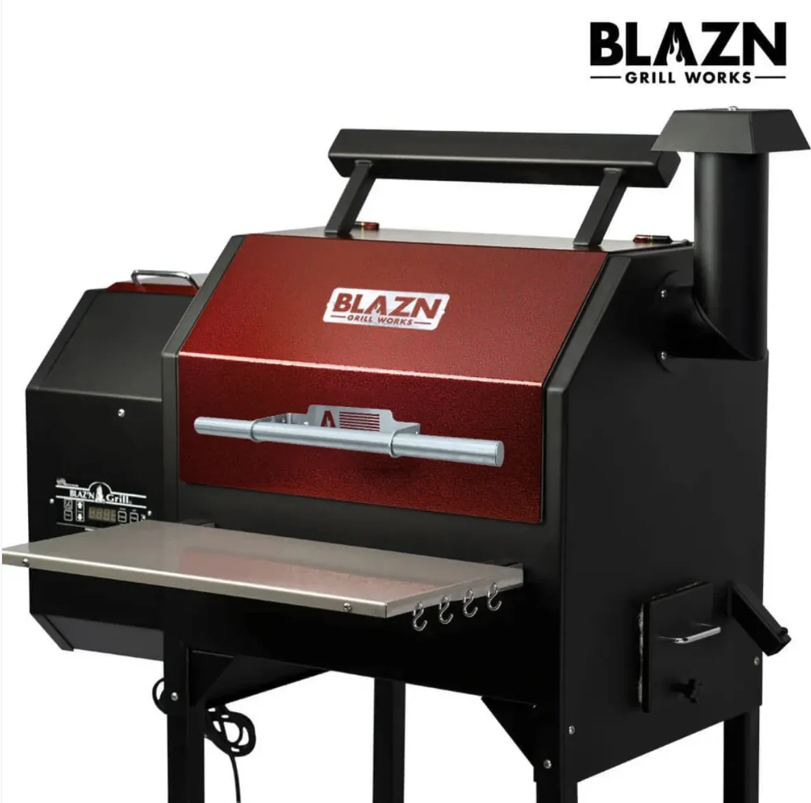 Blazn Grill Works Grand Slam Pellet Grill & Smoker, angled view with stainless front shelf and tool hooks