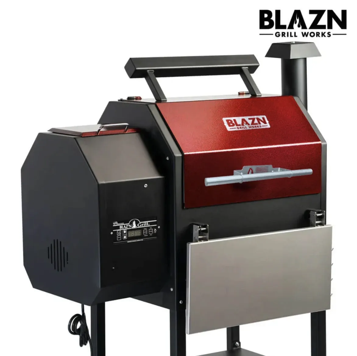 Blazn Grill Works Grand Slam Pellet Grill & Smoker, with pellet hopper, digital controller and front shelf folded down