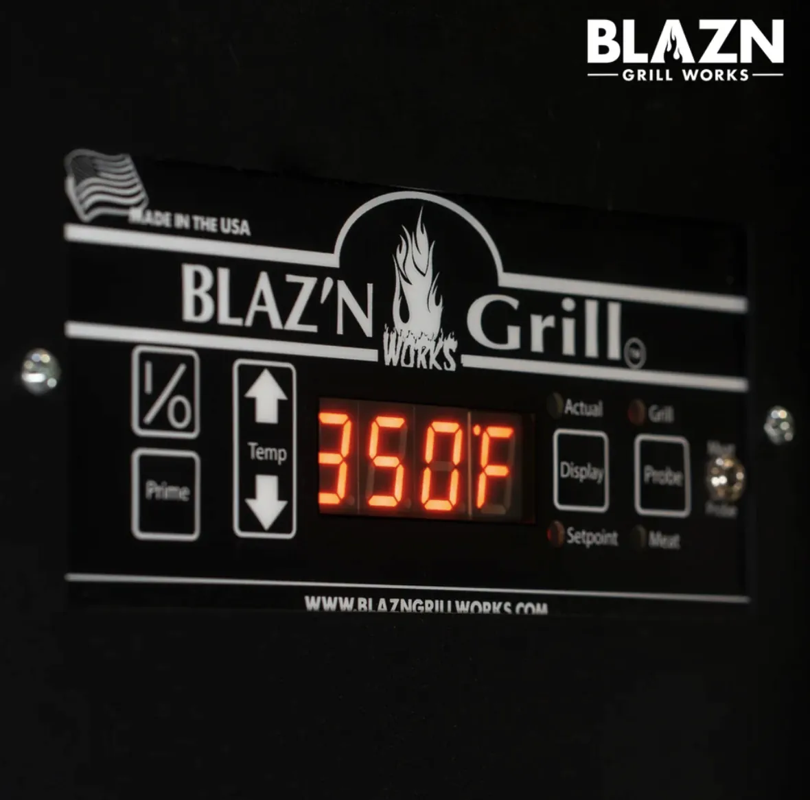 Blazn Grill Works Grand Slam Pellet Grill & Smoker, close-up of the Made in USA digital controller set to 350°F