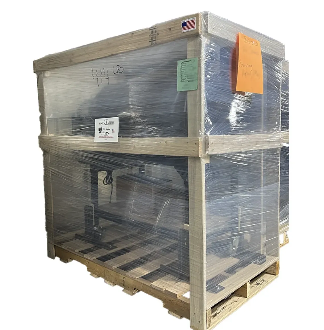 Blazn Grill Works Grand Slam Pellet Grill & Smoker, crated on a pallet, ready to ship