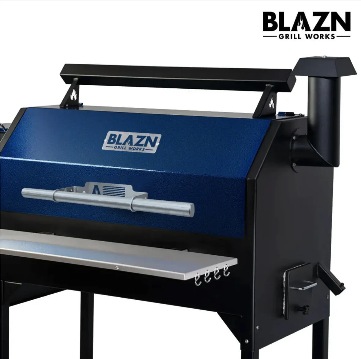Blazn Grill Works Grid Iron Pellet Grill, angled view with blue lid, smokestack and front shelf