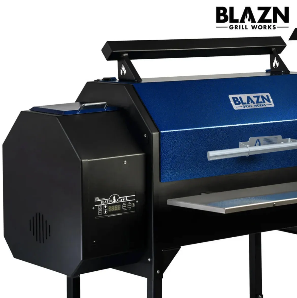 Blazn Grill Works Grid Iron Pellet Grill, close-up of the pellet hopper and digital controller