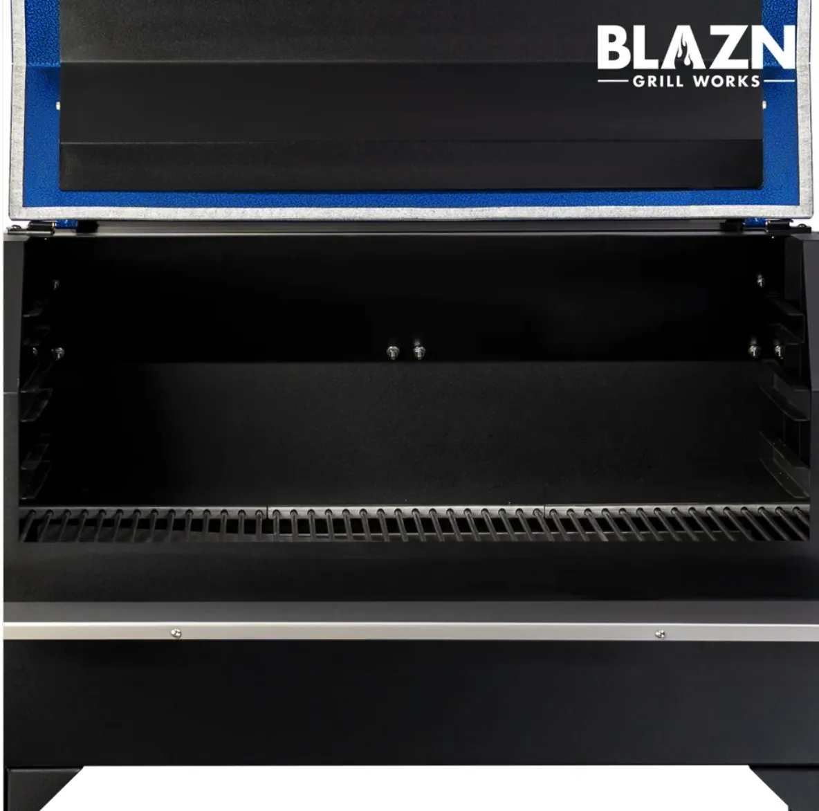 Blazn Grill Works Grid Iron Pellet Grill, with lid open showing the empty cooking chamber and grate