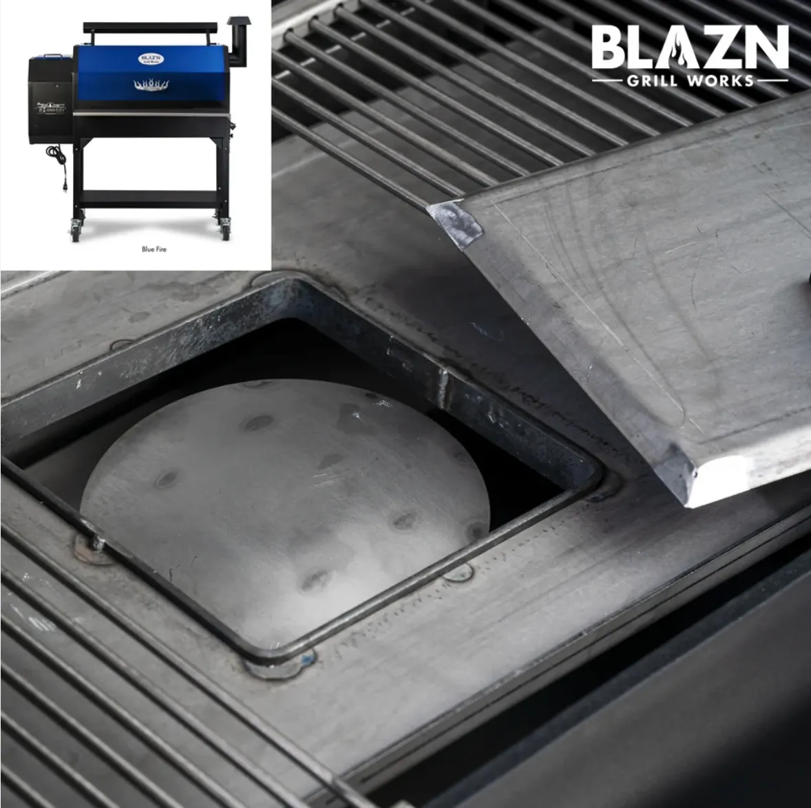 Blazn Grill Works Grid Iron Pellet Grill, close-up of the firepot heat diffuser, with Blue Fire inset