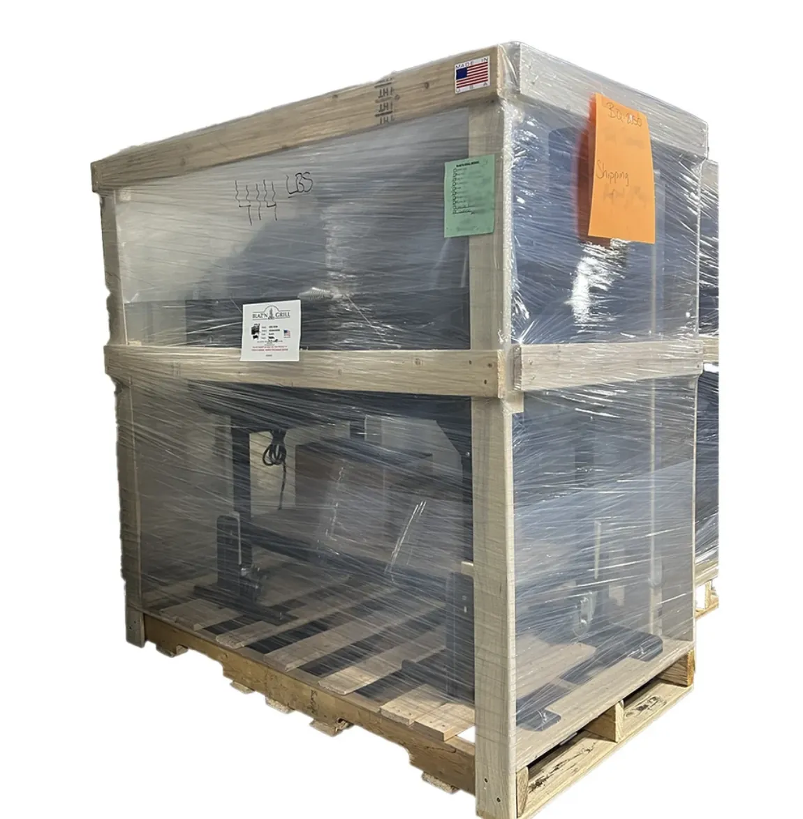 Blazn Grill Works Grid Iron Pellet Grill, crated on a pallet, ready to ship