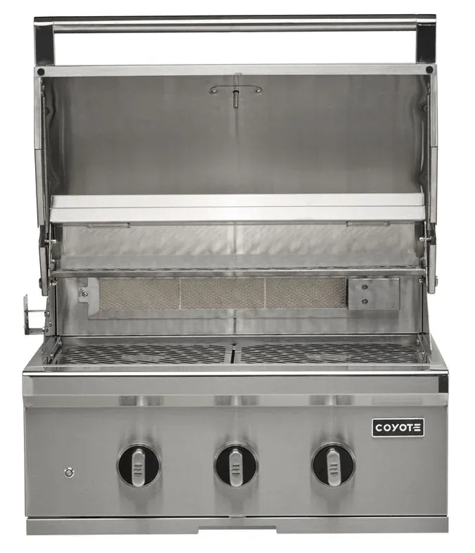 Coyote SL Series 30" Built-In Gas Grill with Sear Zone and Rotisserie, with lid open showing grates and rotisserie burner