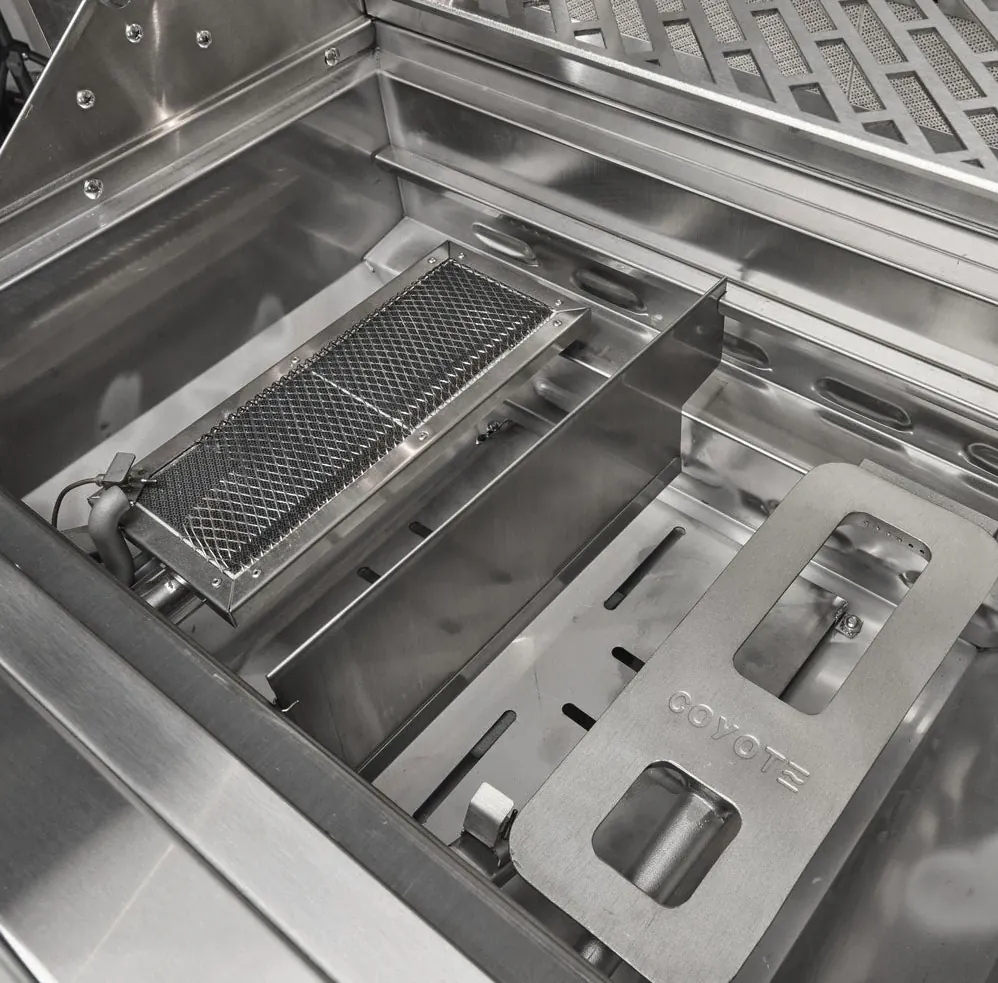 Coyote SL Series 30" Built-In Gas Grill with Sear Zone and Rotisserie, close-up of infrared sear zone burner