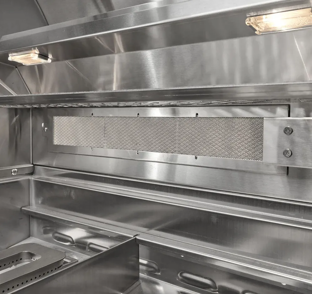 Coyote SL Series 30" Built-In Gas Grill with Sear Zone and Rotisserie, close-up of rotisserie burner and interior light