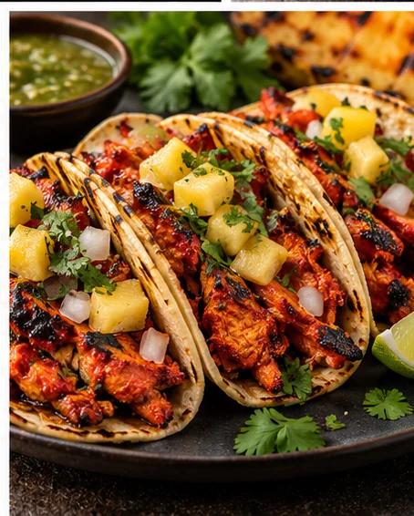 Grilled al pastor pork tacos with charred pineapple, chopped onion and cilantro.