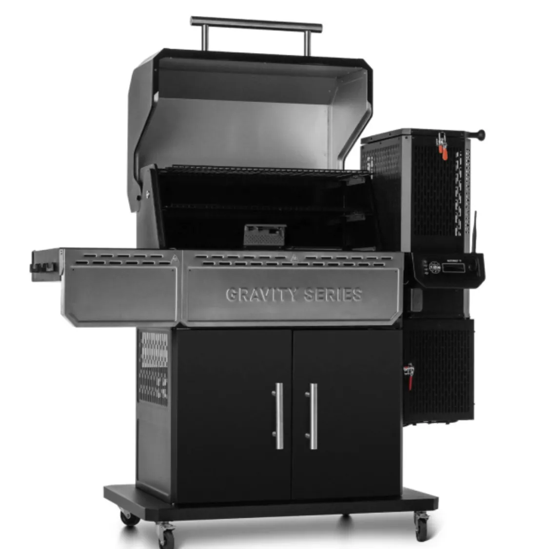 Masterbuilt Gravity Series 1150 Digital Charcoal Grill + Smoker, angled view with lid open showing grates and warming rack