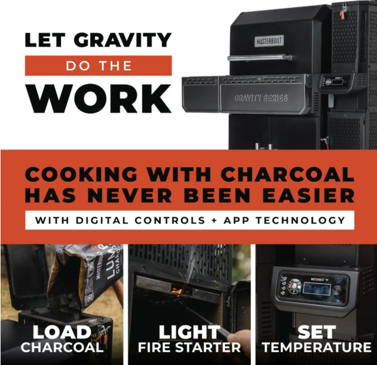 Masterbuilt Gravity Series 1150 Digital Charcoal Grill + Smoker, load charcoal, light fire starter and set temperature