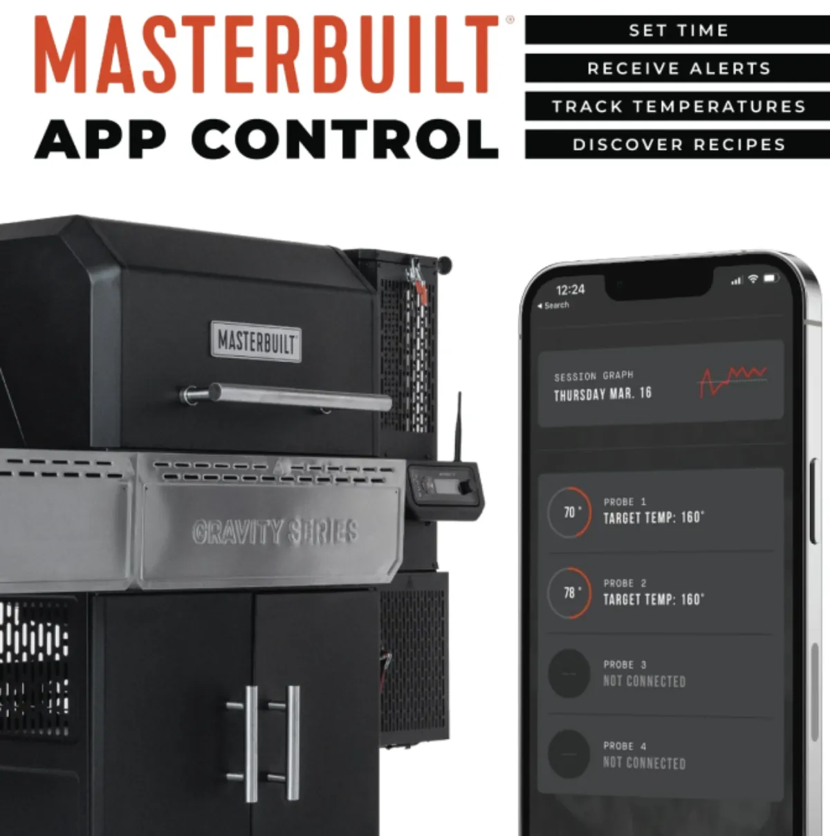 Masterbuilt Gravity Series 1150 Digital Charcoal Grill + Smoker, Masterbuilt app control with probe temperatures on a smartphone