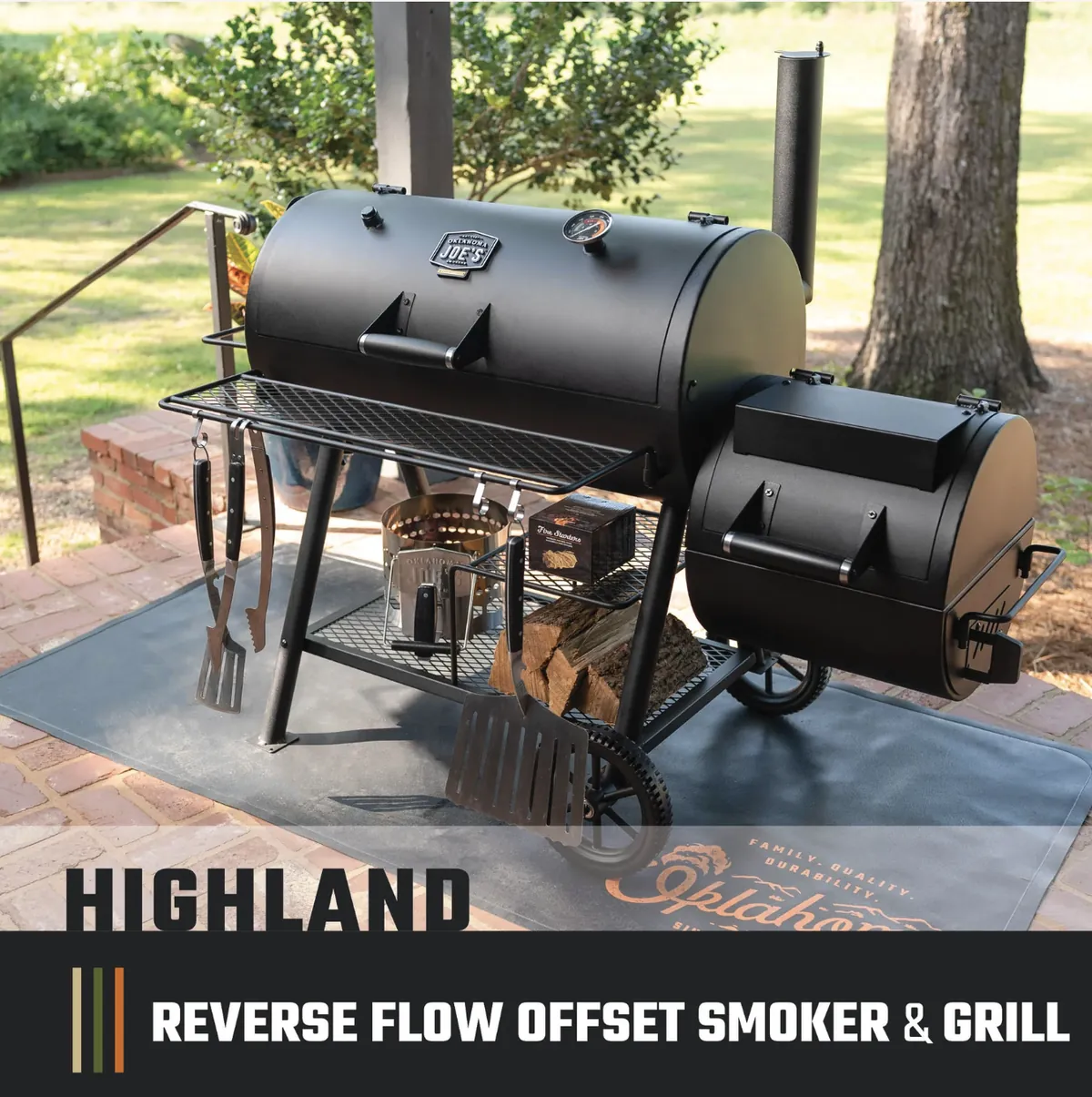Oklahoma Joe's Highland Reverse Flow Offset Smoker & Grill, reverse flow smoking diagram showing heat path from firebox