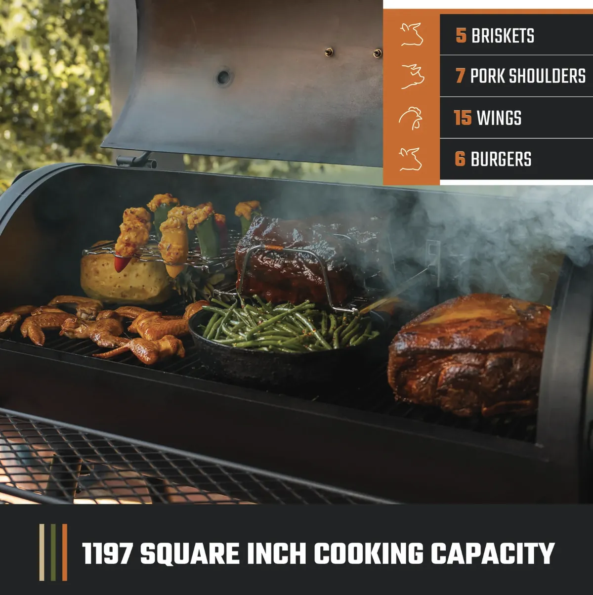 Oklahoma Joe's Highland Reverse Flow Offset Smoker & Grill, loaded with pork shoulder, ribs, wings and green beans; 1,197 sq in cooking capacity