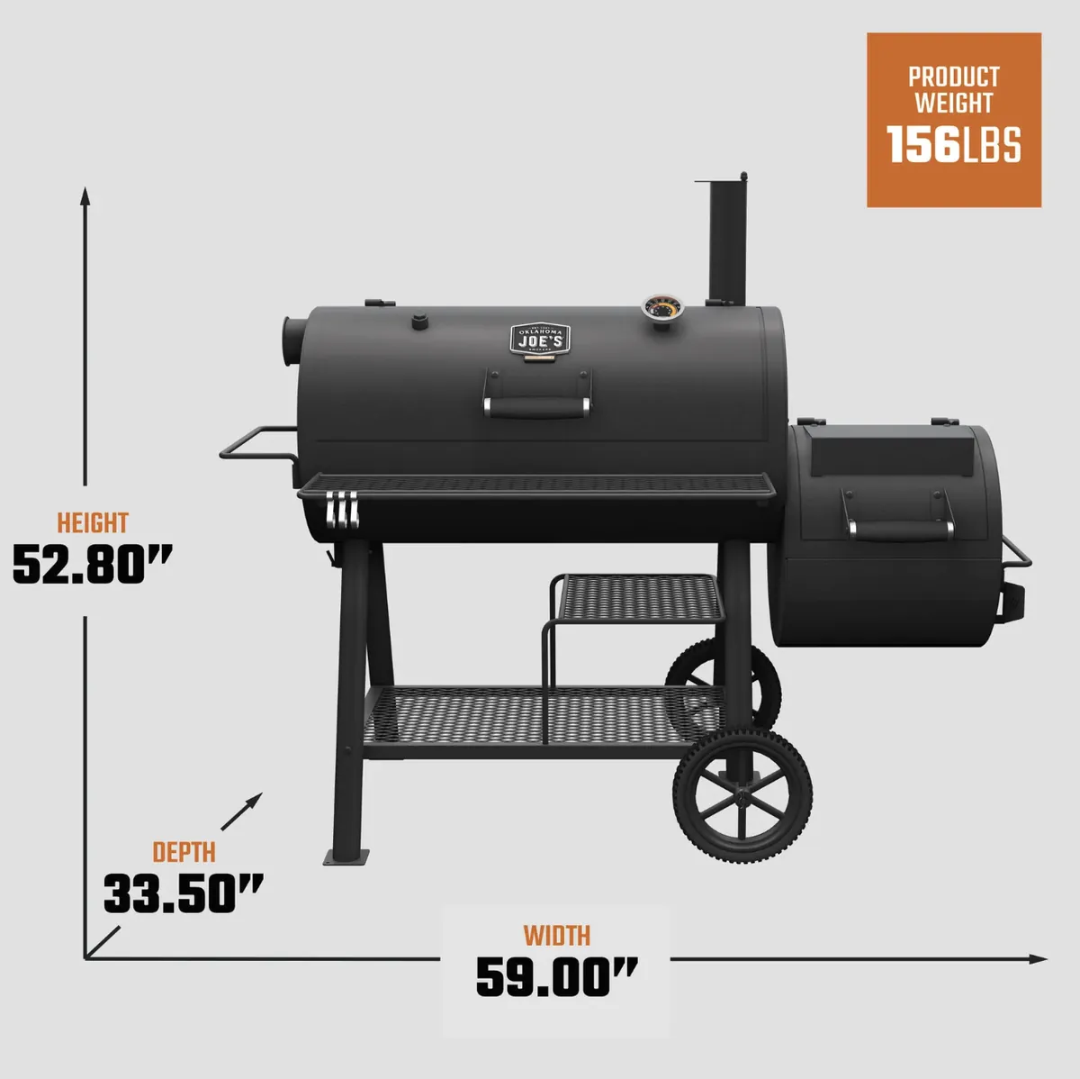 Oklahoma Joe's Highland Reverse Flow Offset Smoker & Grill, dimensions: 52.8 x 59 x 33.5 inches, 156 lbs