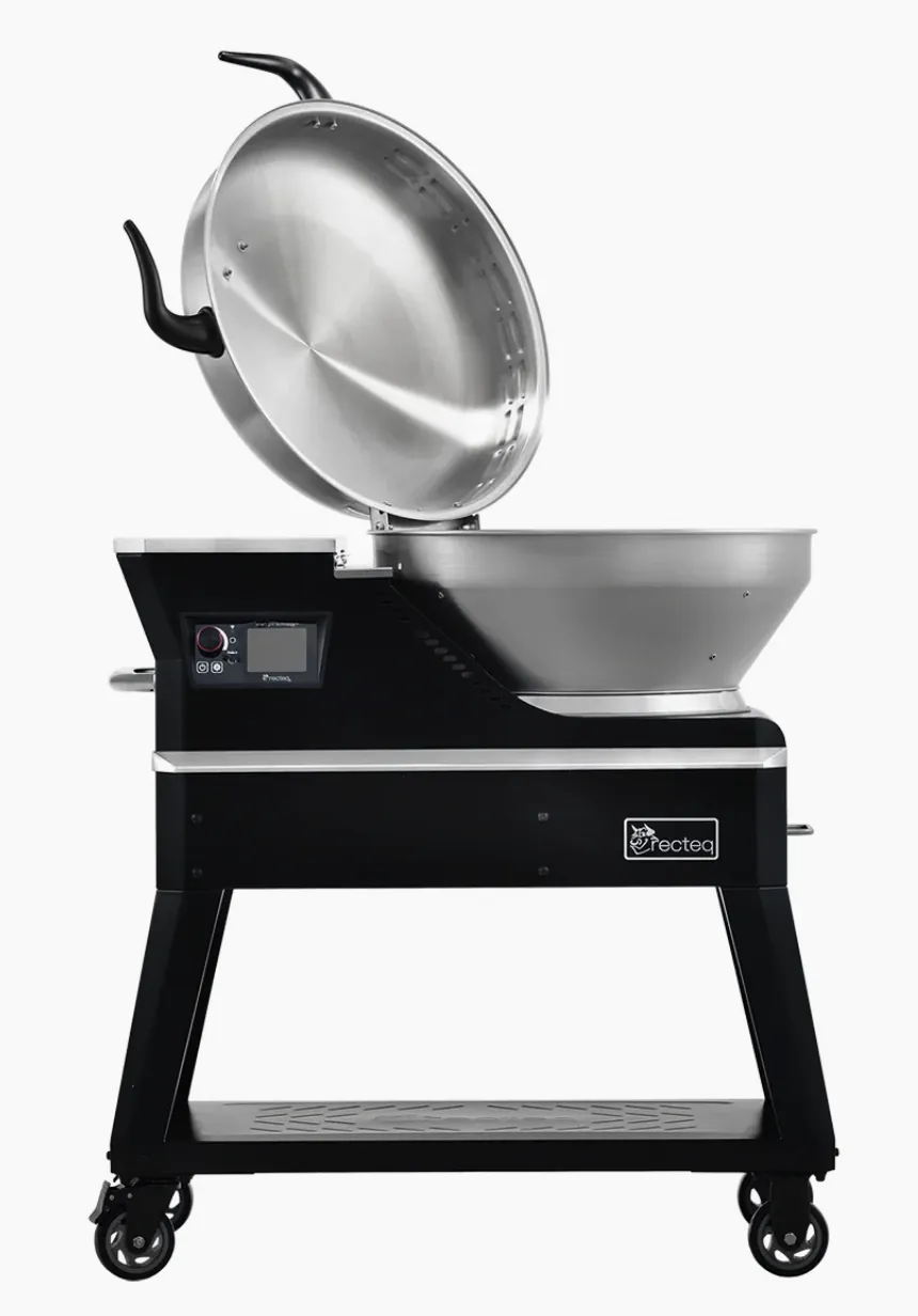Recteq Bullseye Deluxe 380BD Pellet Grill, side view with dome lid open