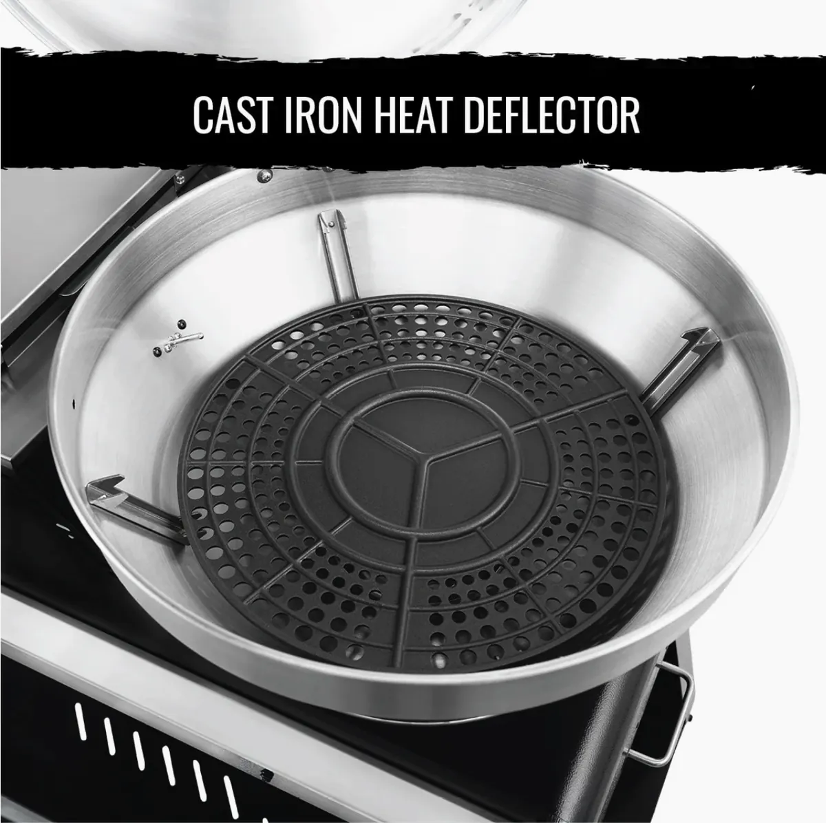 Recteq Bullseye Deluxe 380BD Pellet Grill, close-up of the cast iron heat deflector inside the bowl