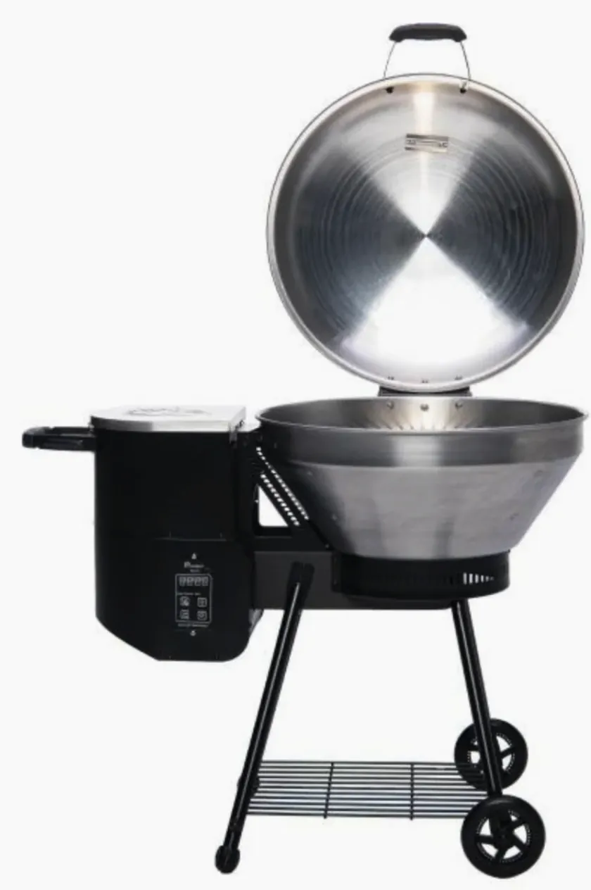Recteq RT-B380 Bullseye Wood Pellet Grill, with dome lid open showing the stainless bowl