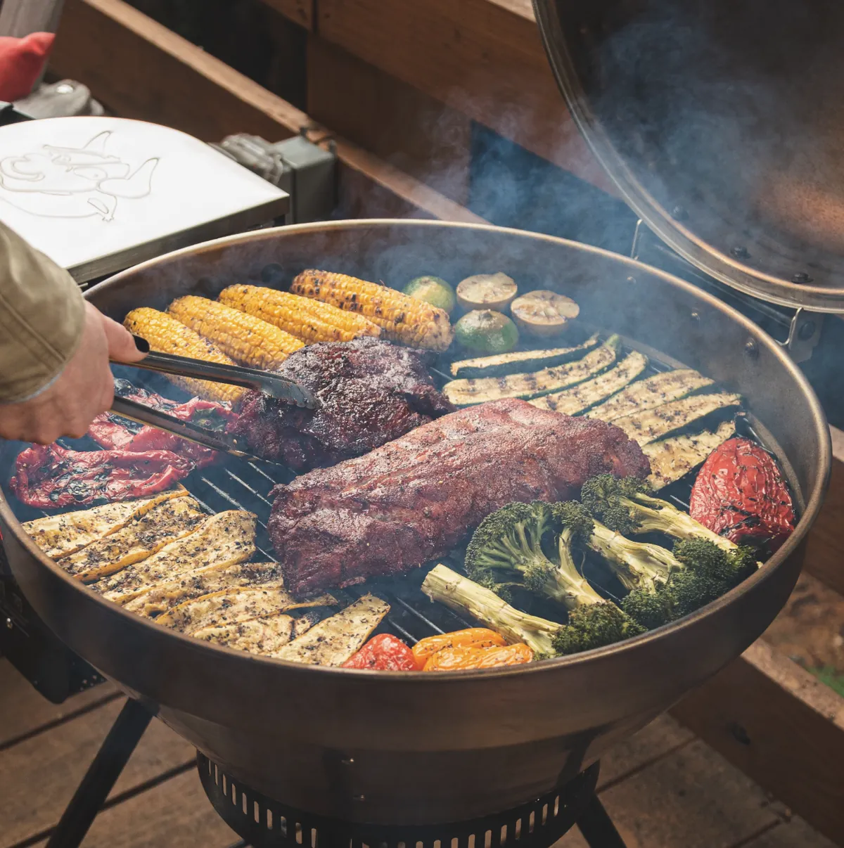 Recteq RT-B380 Bullseye Wood Pellet Grill, grilling ribs, corn, zucchini and vegetables