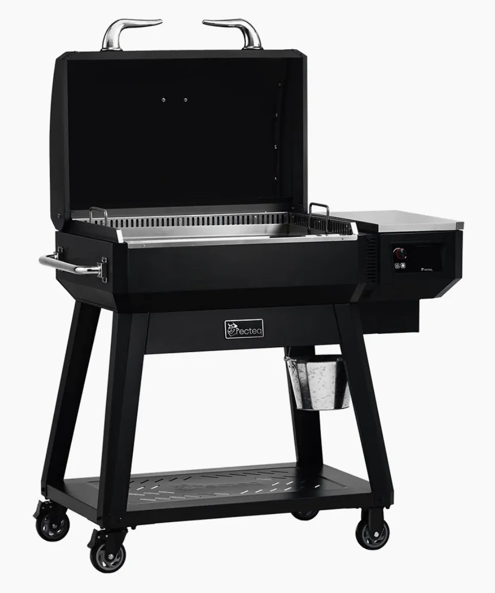 Recteq SmokeStone 480 Pellet Griddle, angled view with lid open showing the griddle cooktop