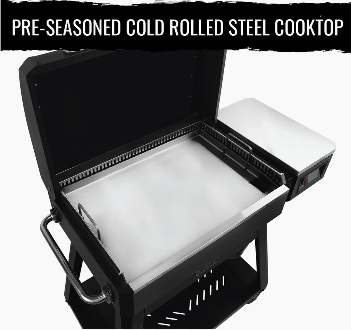 Recteq SmokeStone 480 Pellet Griddle, close-up of the pre-seasoned cold rolled steel cooktop