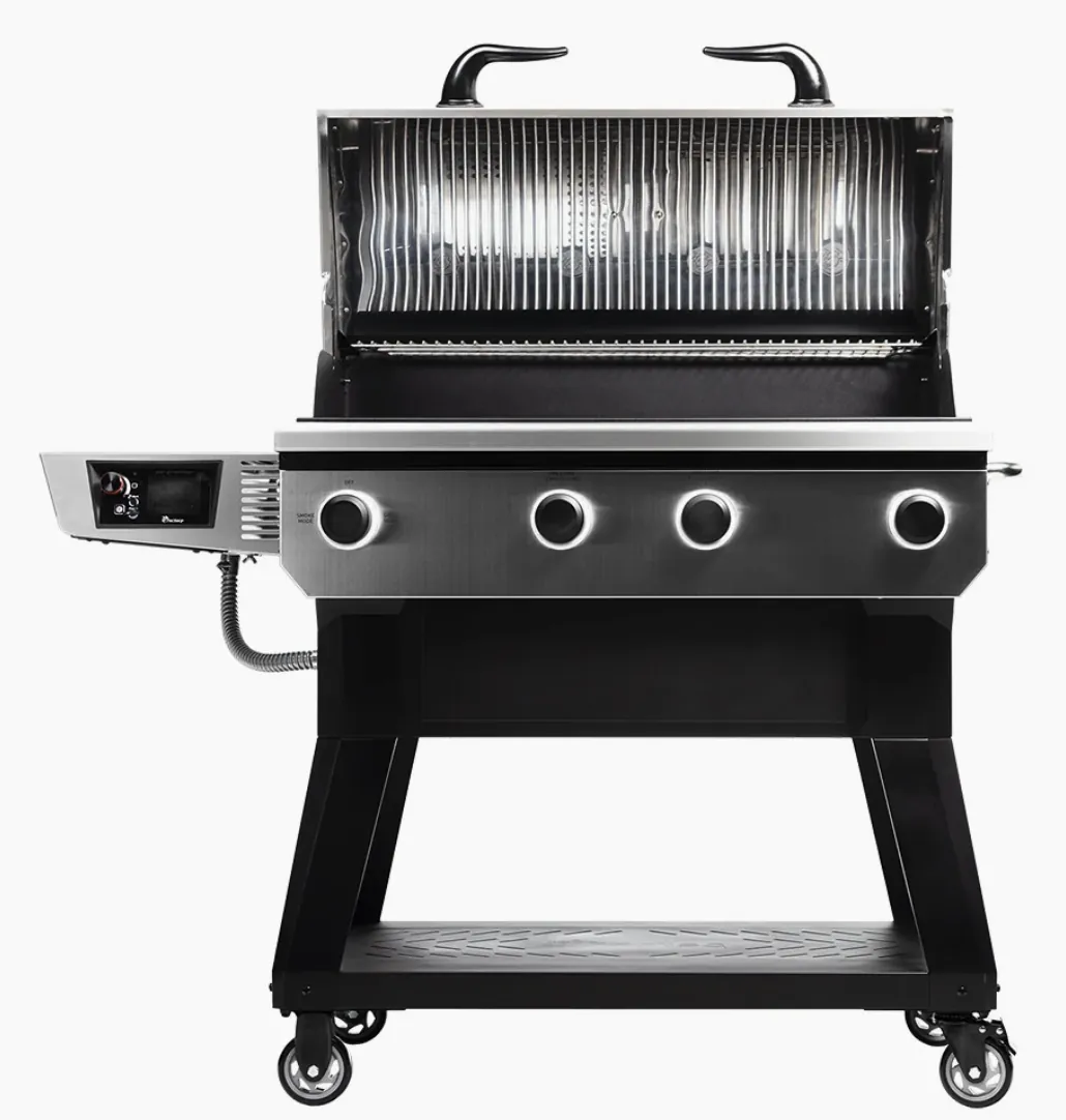 Recteq X-Fire Pro 825 Pellet Grill, front view with lid open showing the stainless interior