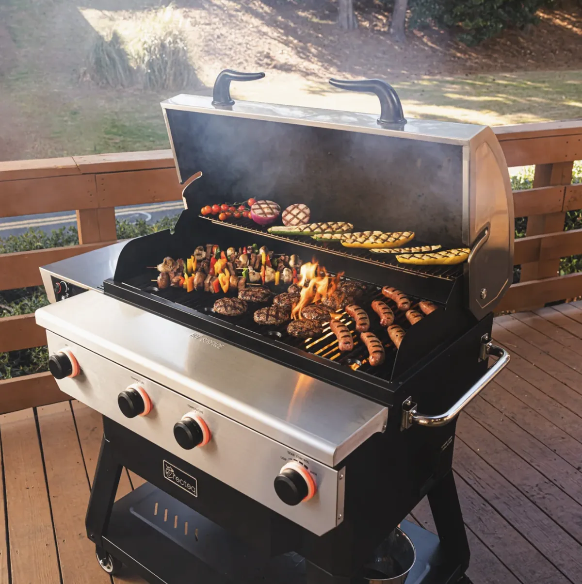 Recteq X-Fire Pro 825 Pellet Grill, grilling burgers, sausages, skewers and vegetables over open flame