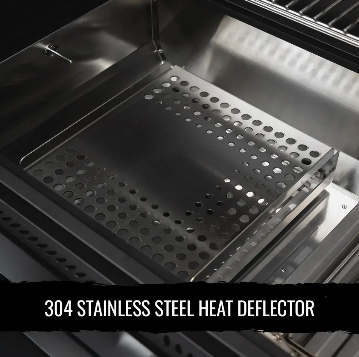 Recteq X-Fire Pro 825 Pellet Grill, close-up of the 304 stainless steel heat deflector