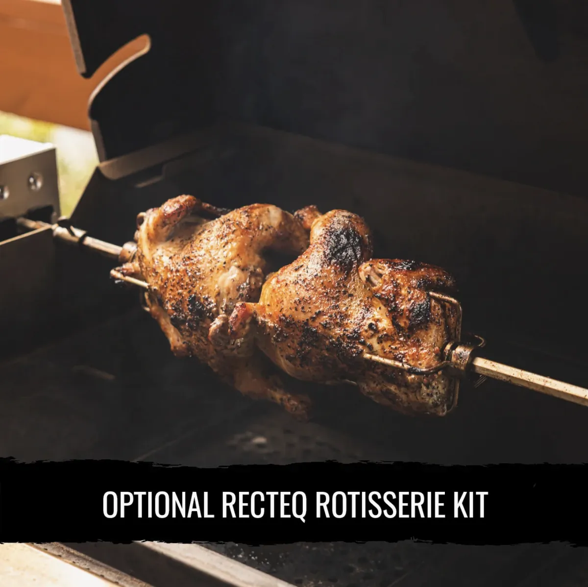 Recteq X-Fire Pro 825 Pellet Grill, with the optional rotisserie kit roasting two chickens