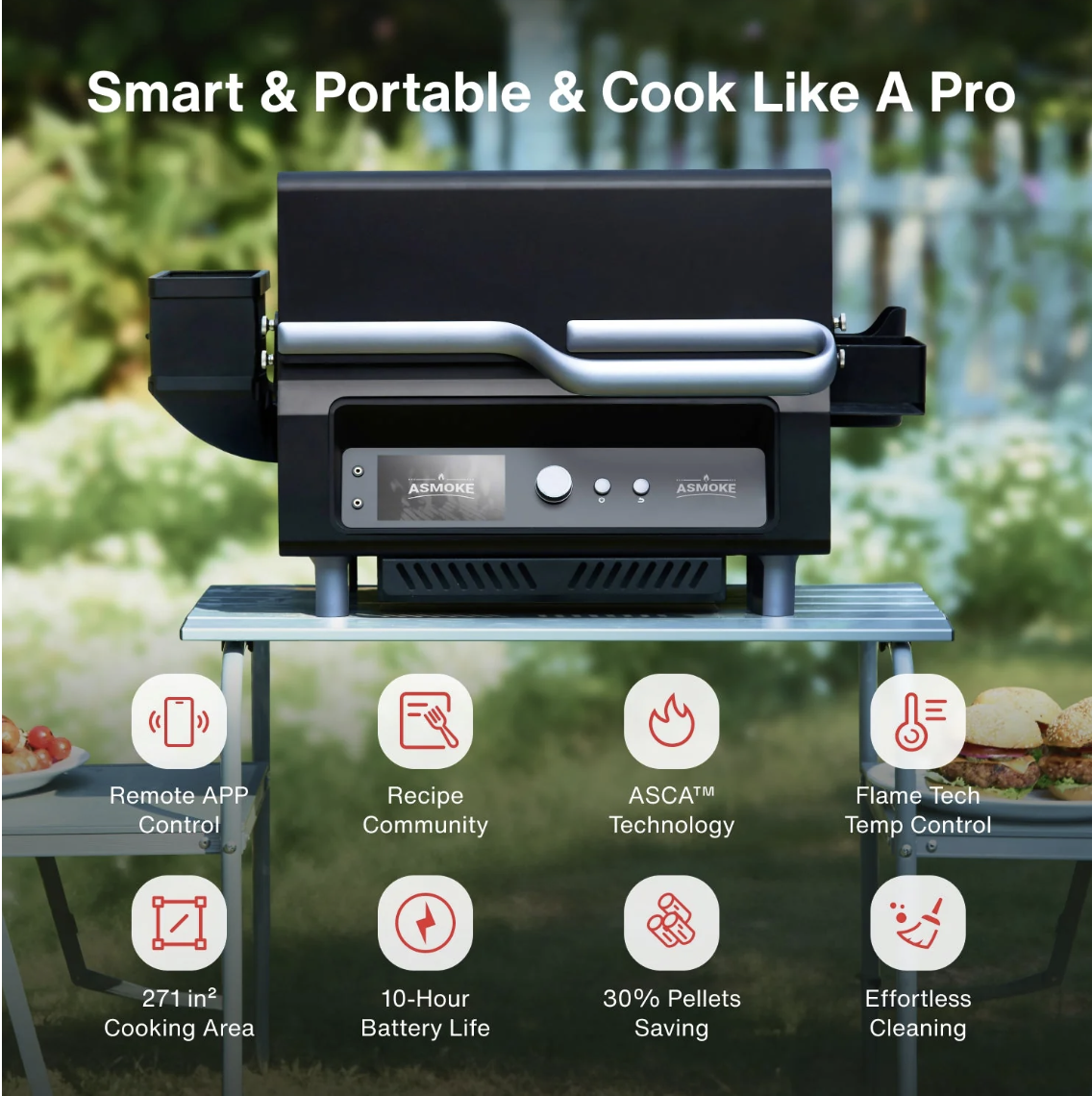 ASMOKE ESSENTIAL PORTABLE WOOD PELLET GRILL AND SMART SMOKER WITH BUILT - IN SCREEN image — photo 2