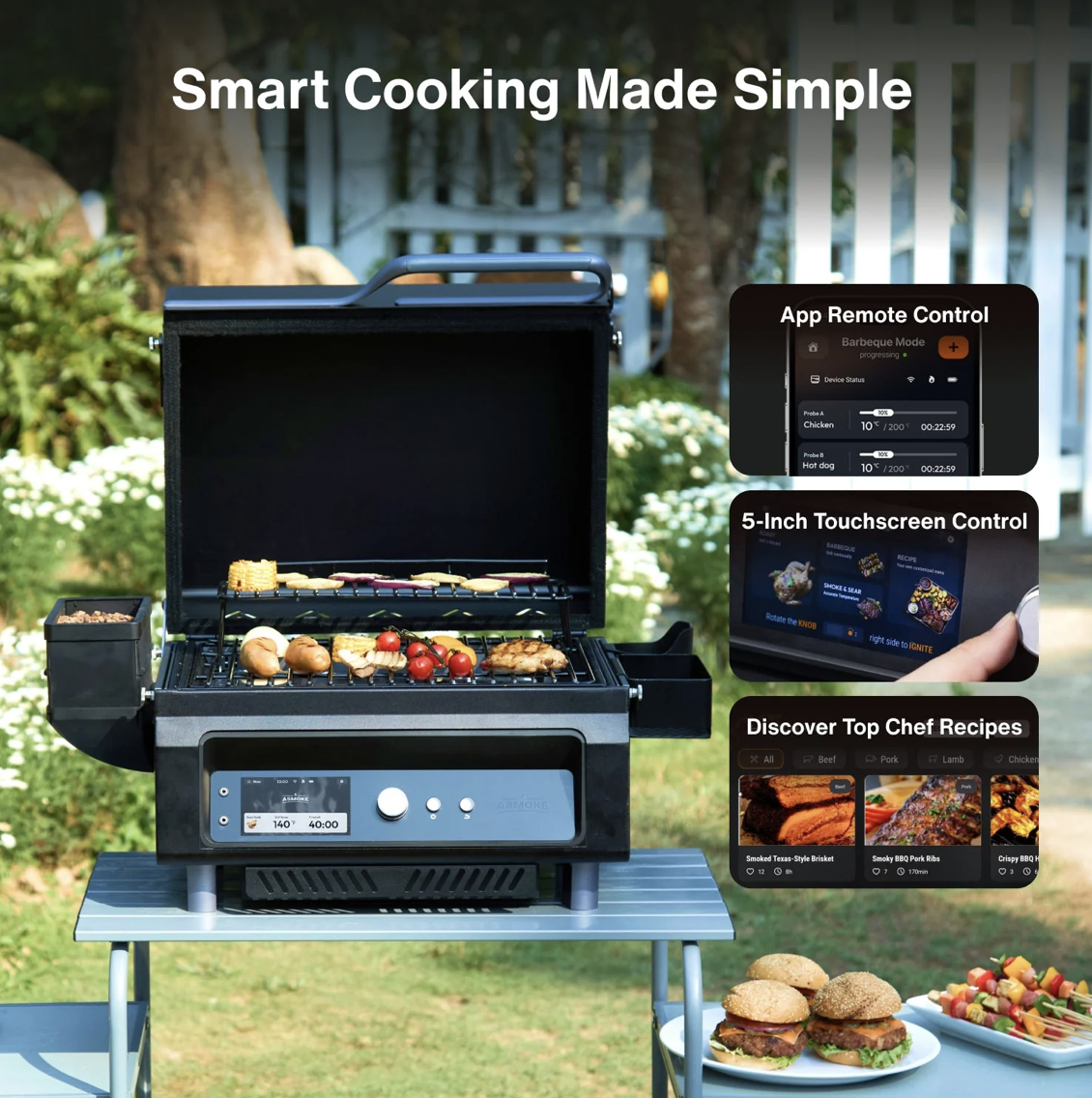 ASMOKE ESSENTIAL PORTABLE WOOD PELLET GRILL AND SMART SMOKER WITH BUILT - IN SCREEN image — photo 4