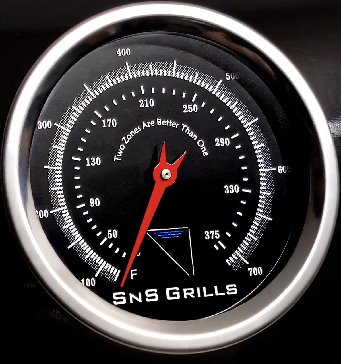 Close-up of SnS Grills charcoal kettle thermometer with Fahrenheit and Celsius temperature scales