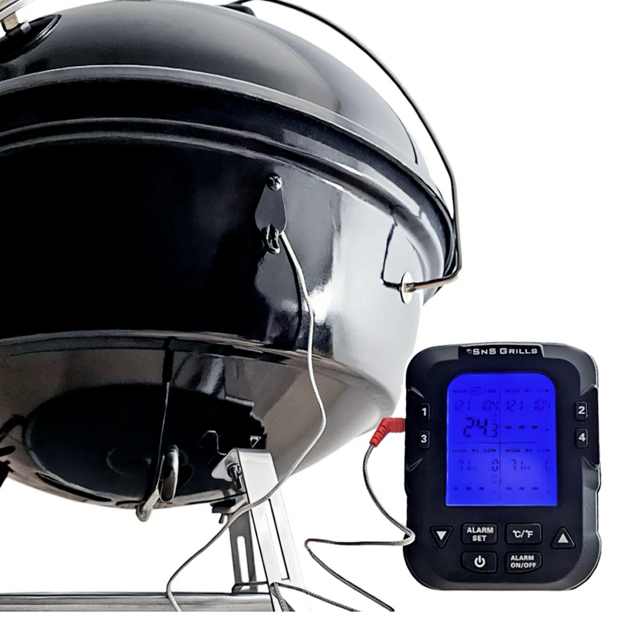 SnS Grills charcoal kettle with external digital thermometer connected to temperature probes