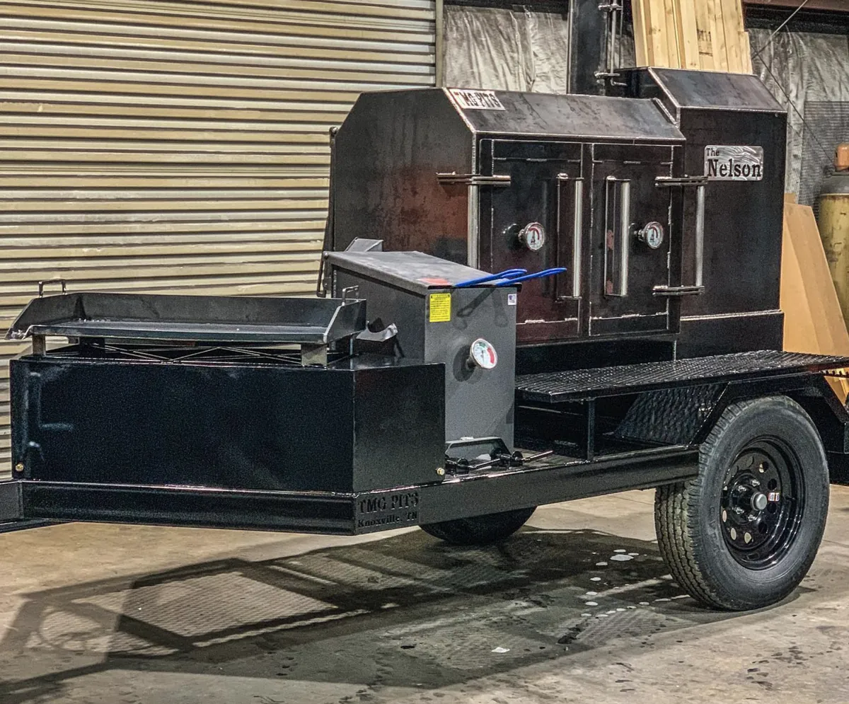 TMG Pits The Fridge Cabinet Smoker, custom trailer build with griddle and side fryer