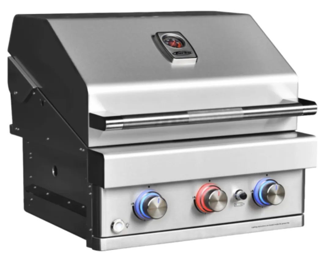 Turbo 26" 3-Burner Built-In Gas Grill (Natural Gas), angled view with blue and red illuminated knobs