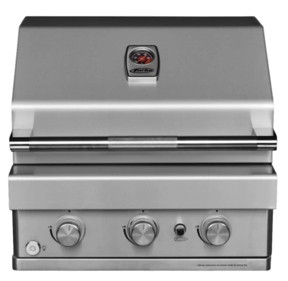 Turbo 26" 3-Burner Built-In Gas Grill (Natural Gas), front view in stainless steel with lights off