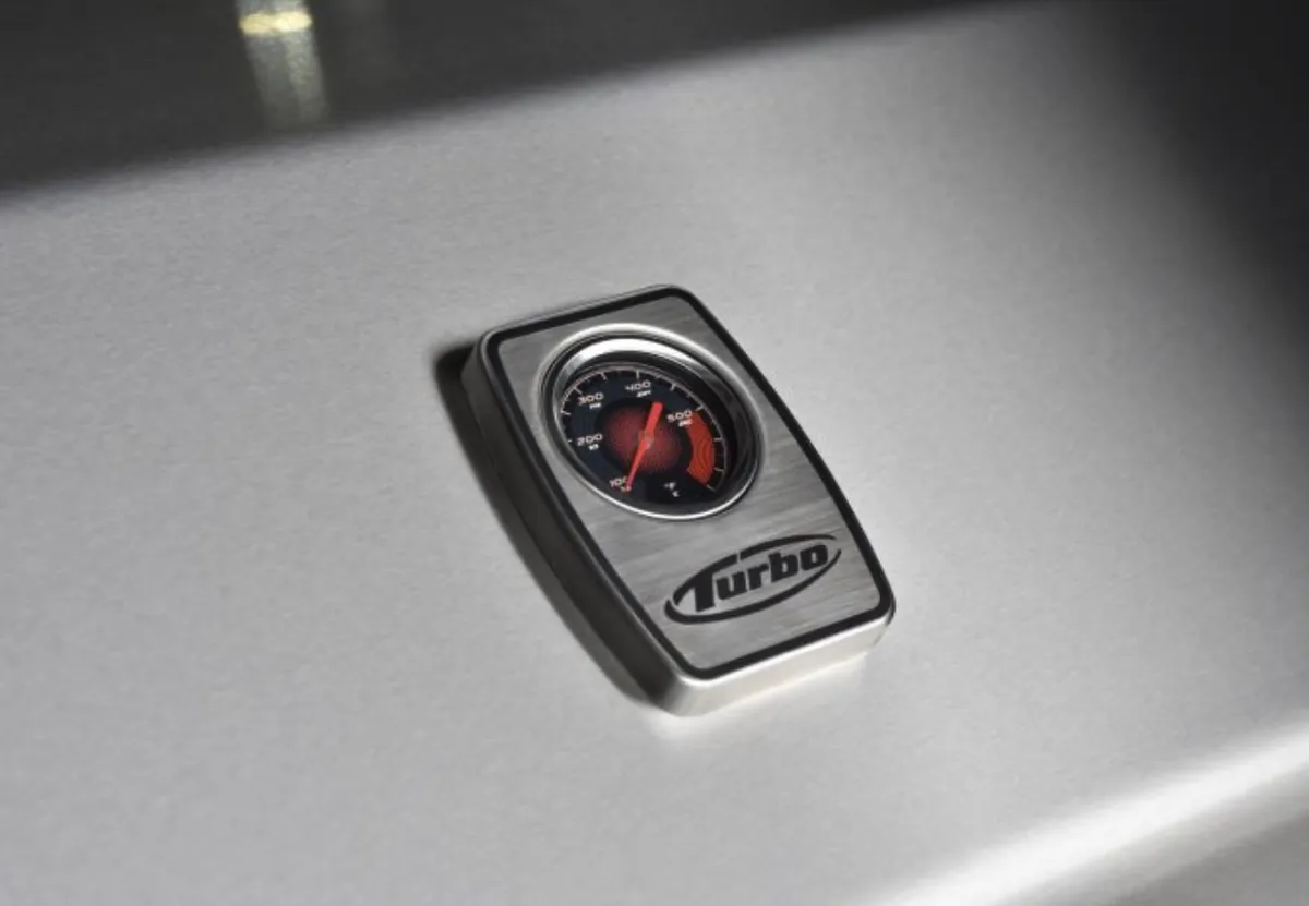 Turbo 26" 3-Burner Built-In Gas Grill (Natural Gas), close-up of the Turbo lid thermometer