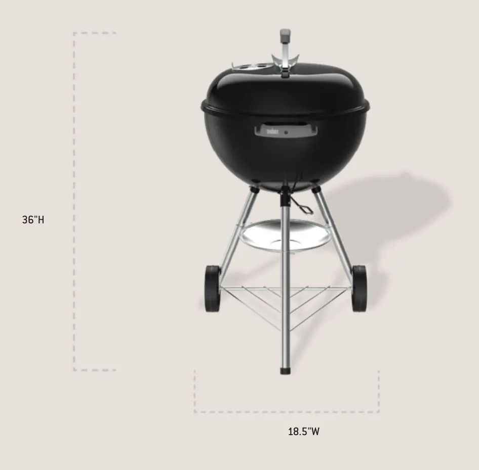 Weber Original Kettle 18" Charcoal Grill (Black), front view with dimensions: 36 inches high, 18.5 inches wide