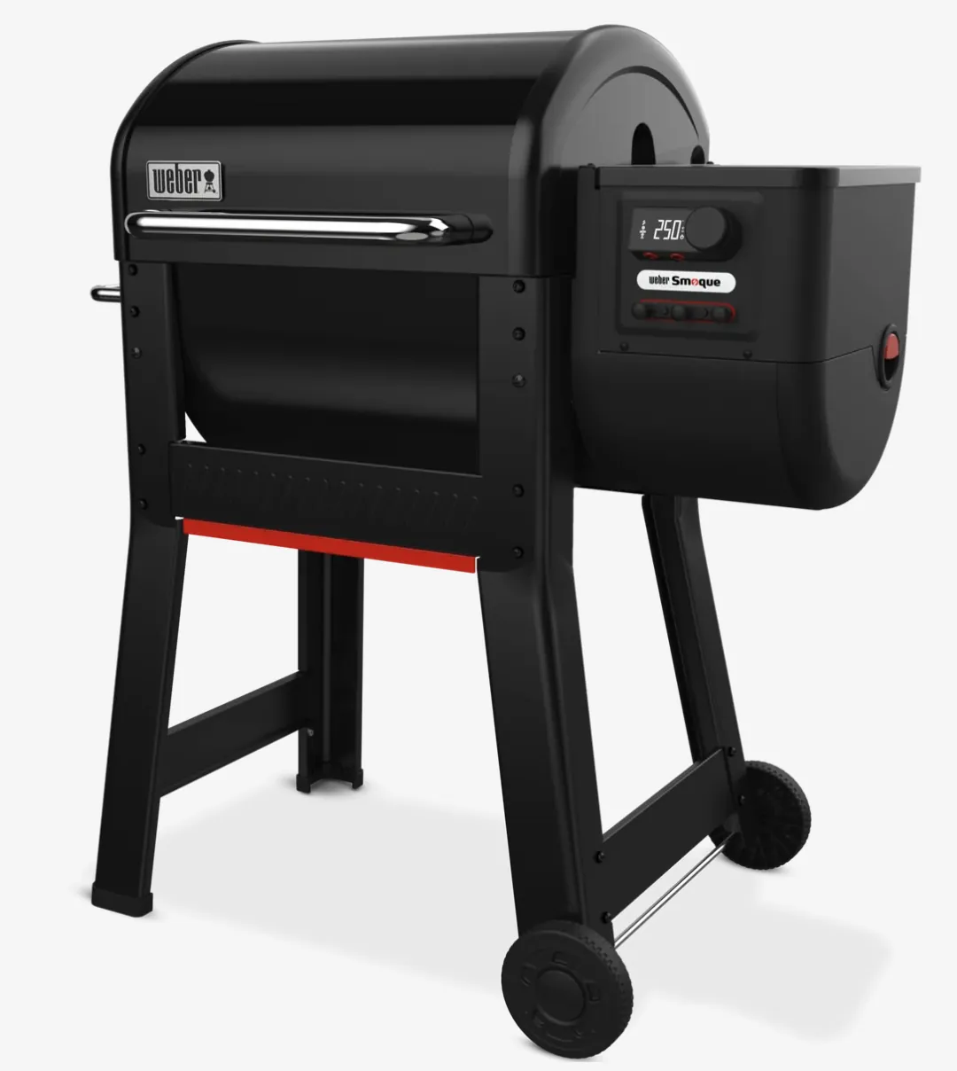Weber Smoque Pellet Smoker, angled view showing the pellet hopper and controller