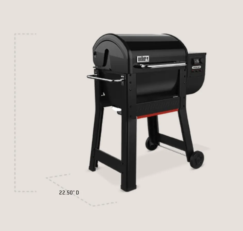 Weber Smoque Pellet Smoker, angled view from the left; 22.5 inches deep