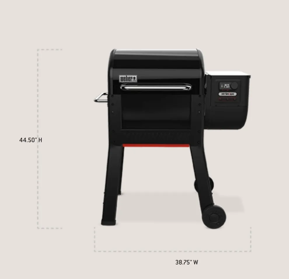 Weber Smoque Pellet Smoker, front view with dimensions: 44.5 inches high, 38.75 inches wide