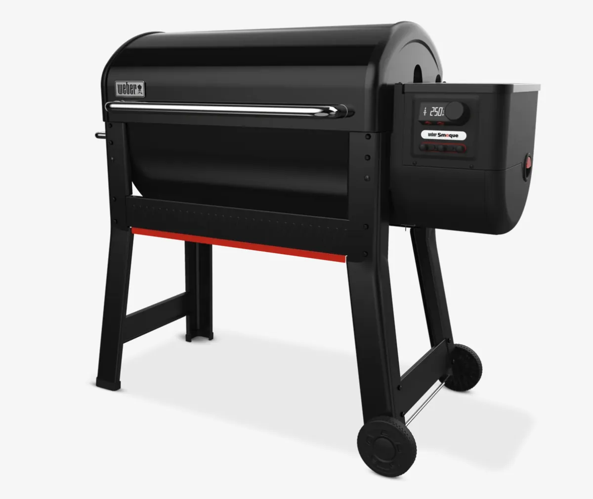 Weber Smoque XL Pellet Smoker, angled view from the right showing the pellet hopper