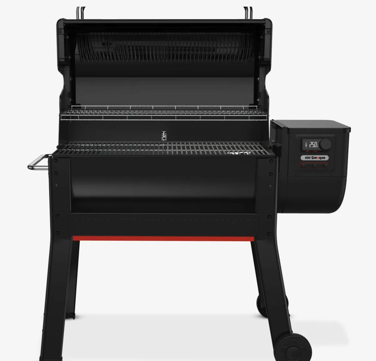 Weber Smoque XL Pellet Smoker, front view with lid open showing two cooking racks