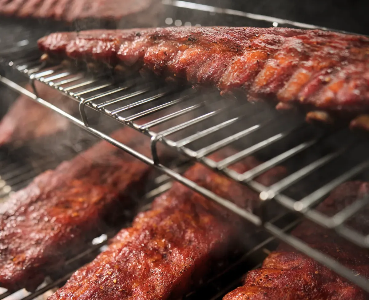 Weber Smoque XL Pellet Smoker, racks of smoked ribs on two levels