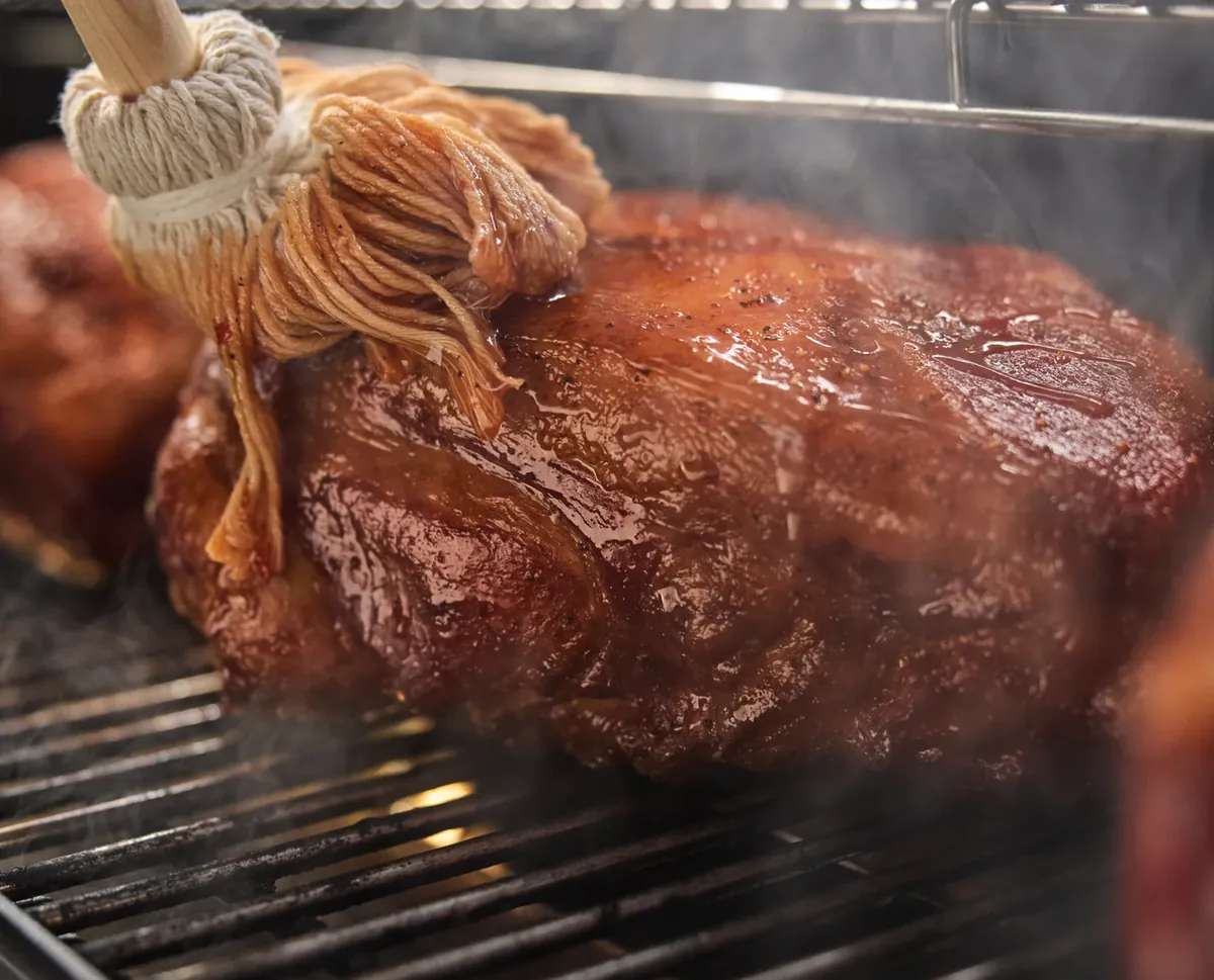 Weber Smoque XL Pellet Smoker, mopping sauce onto a smoked pork shoulder